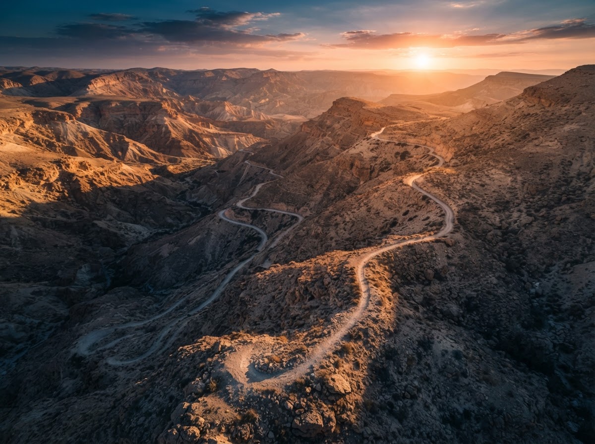 A winding mountain trail at sunset
